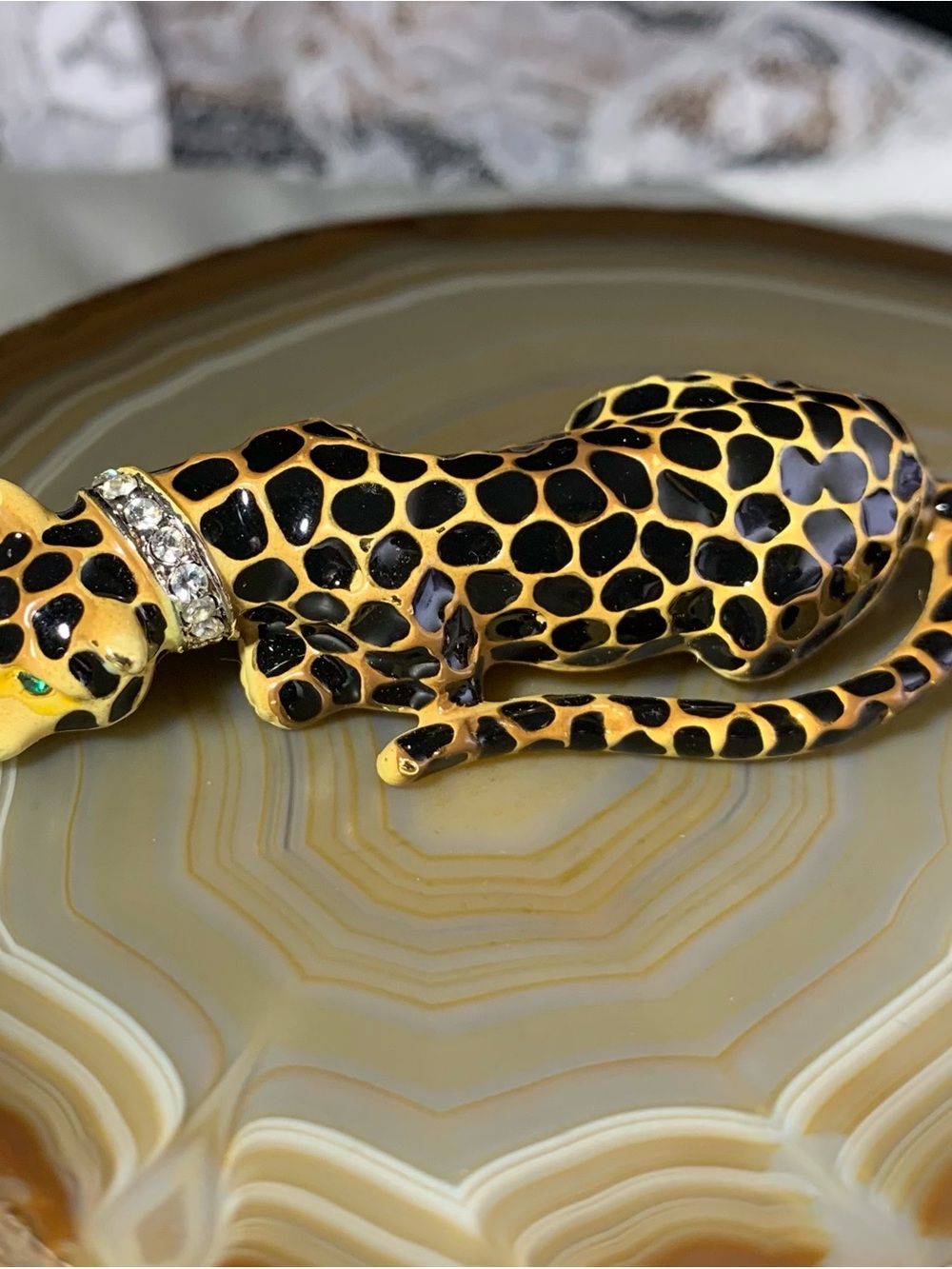 Kenneth Jay Lane Yellow and Black Enamel Leopard Brooch with Crystal Collar